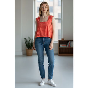 Women's True Destinations Coral Eyelet Square Neck Tank Top L large NWT